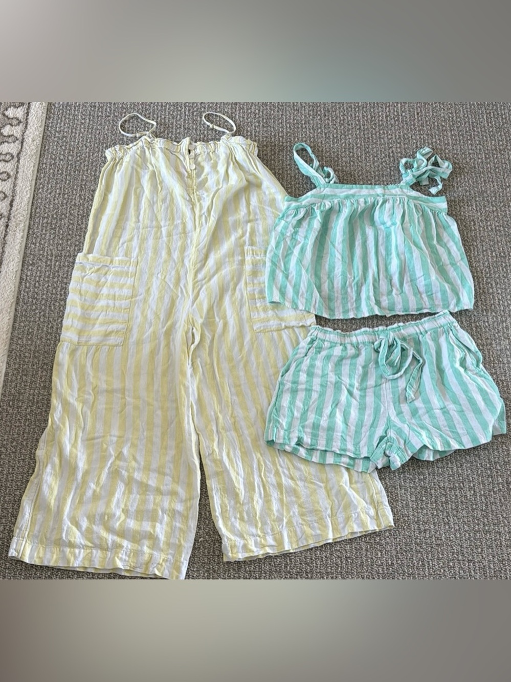 Stoney Clover Linen Stripes Yellow White Green Romper Pants Tank Shorts Set XS S